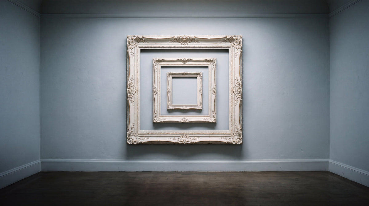 Empty gilded frames shrinking inside one another on a pale gallery wall, the Ozempic tattoo