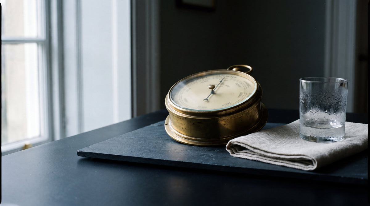 An antique brass barometer on dark slate in storm light, the barometer on your arm