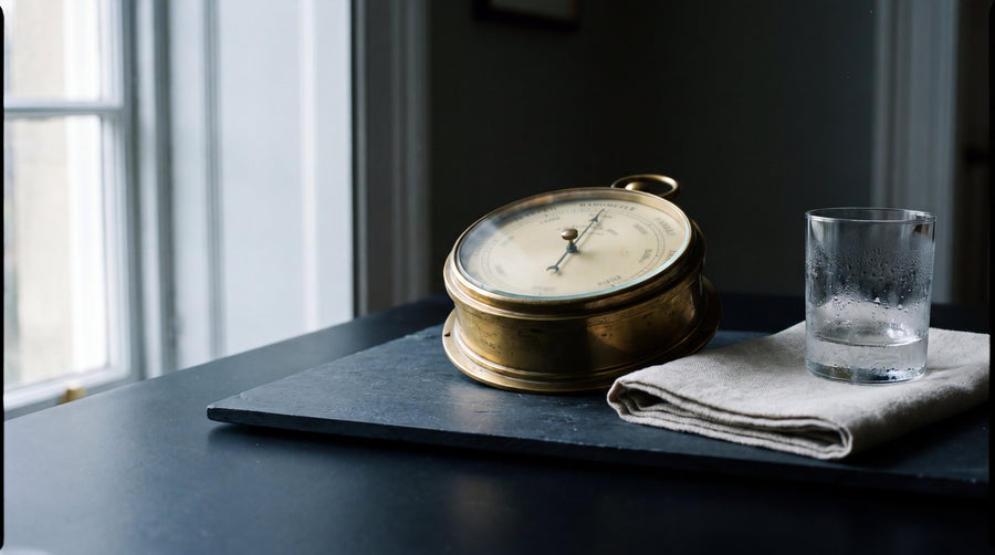 An antique brass barometer on dark slate in storm light, the barometer on your arm