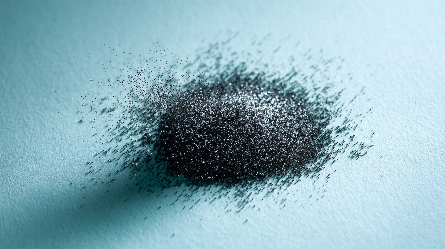 Fine black pigment granules scattered across pale blue paper, dispersing outward from a dense central mass