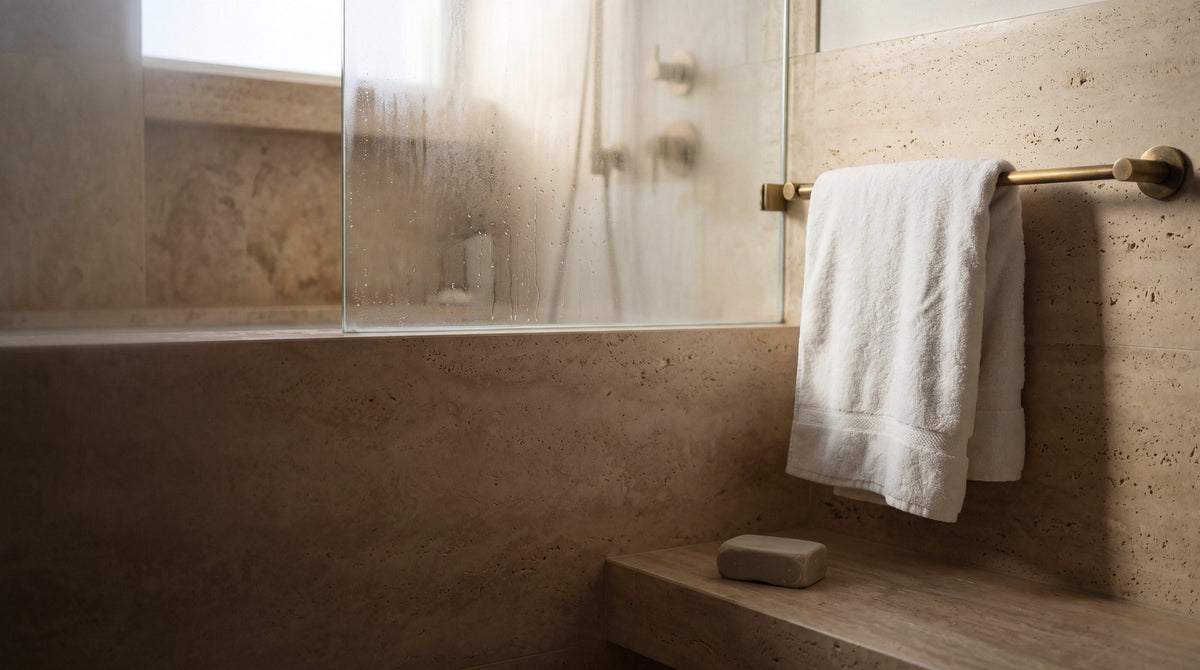 A white towel on a brass rail beside a steamy travertine shower, showering with a new tattoo