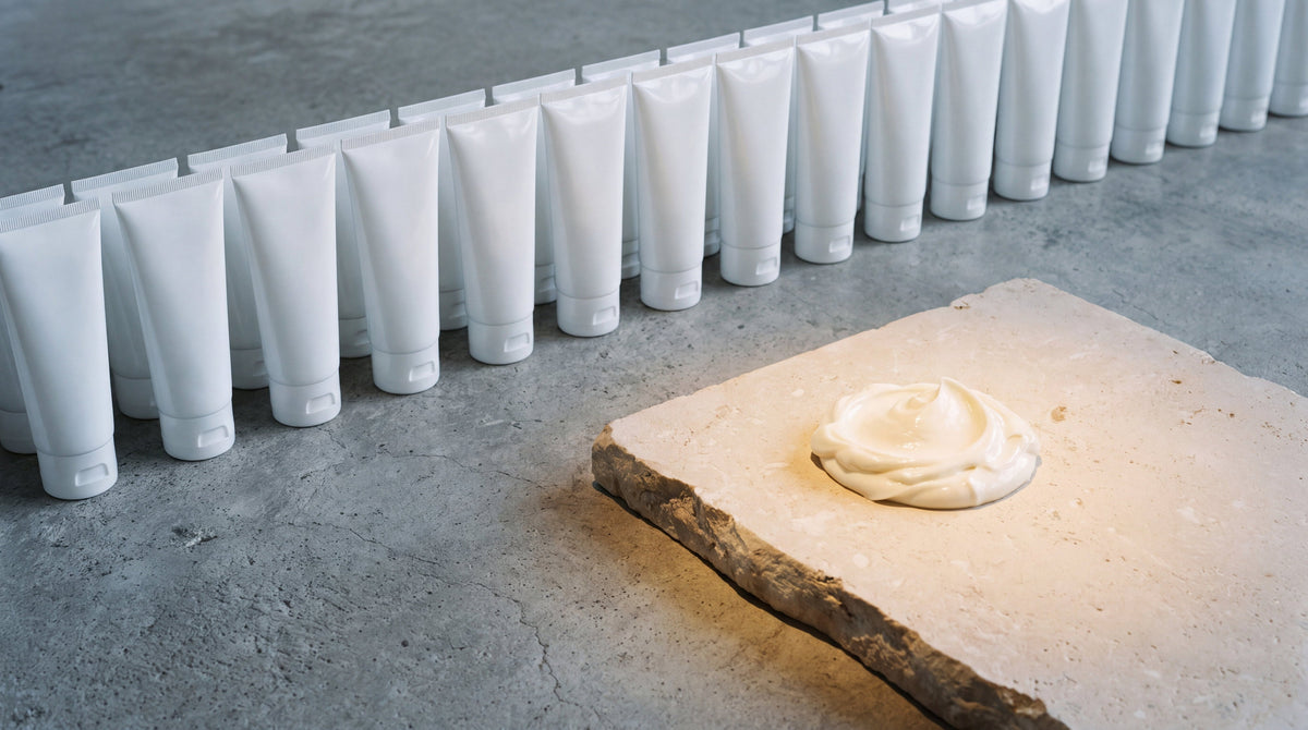 A row of identical white tubes beside a single dollop of rich cream on limestone, why generic aftercare fails your tattoo