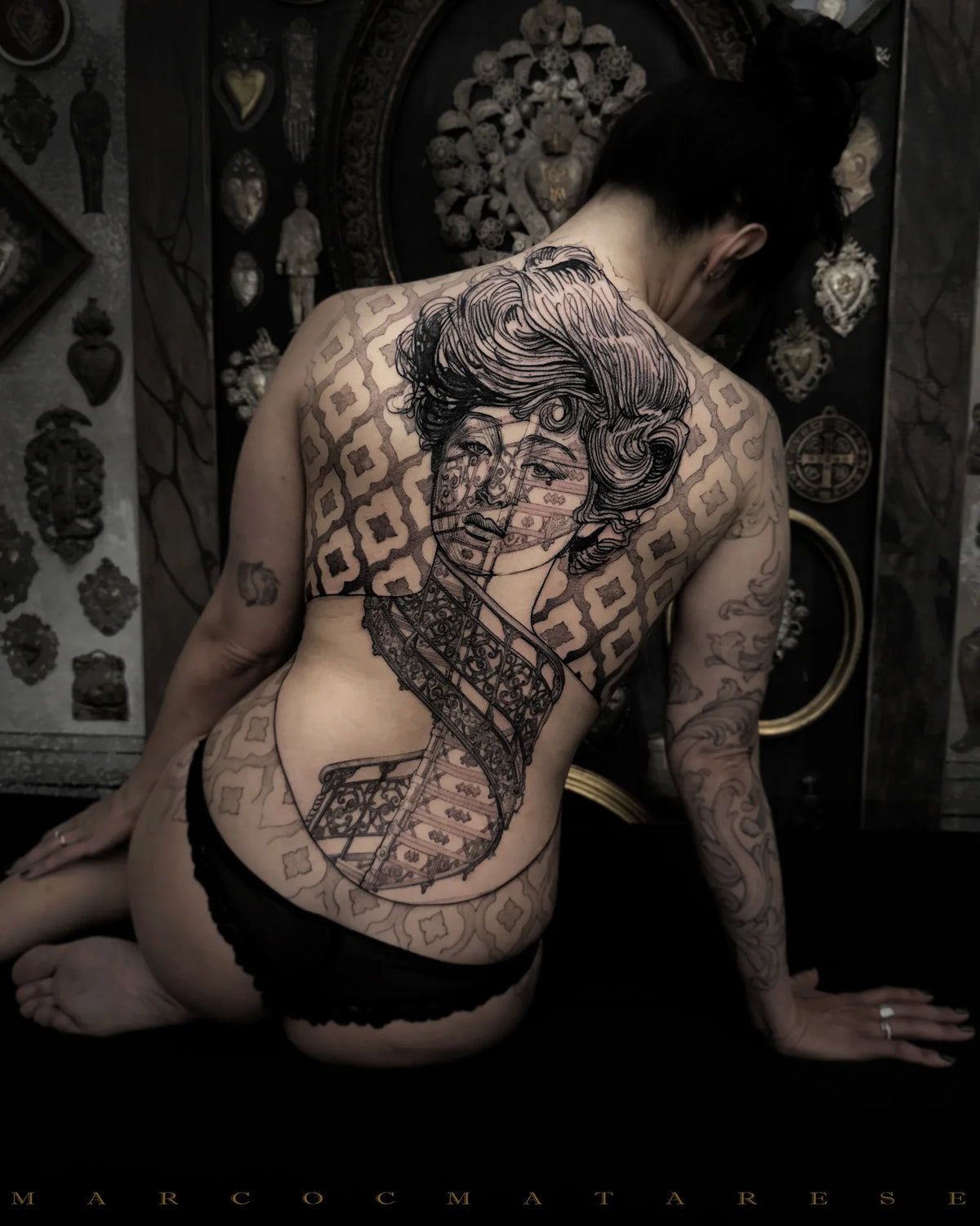 Black and grey back piece by Marco C. Matarese, GRAPHICA Global Top 100 tattoo artist