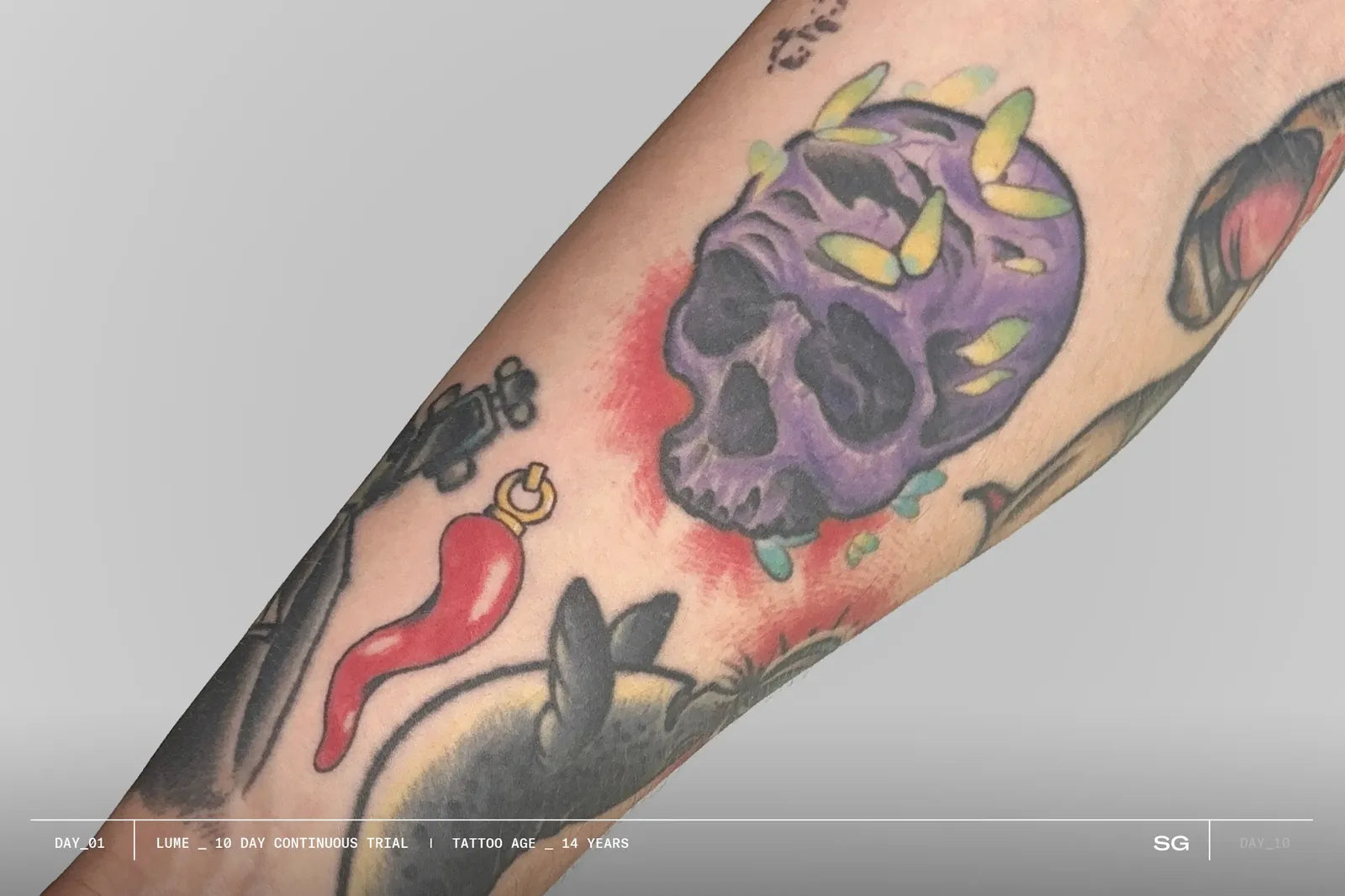 Farbiges Motiv mit Totenkopf und Chili am Unterarm, Tag 1