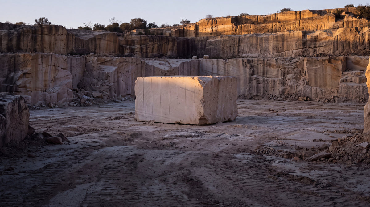A block of cut limestone in an Australian sandstone quarry at dawn, SKINGRAPHICA quality built to last