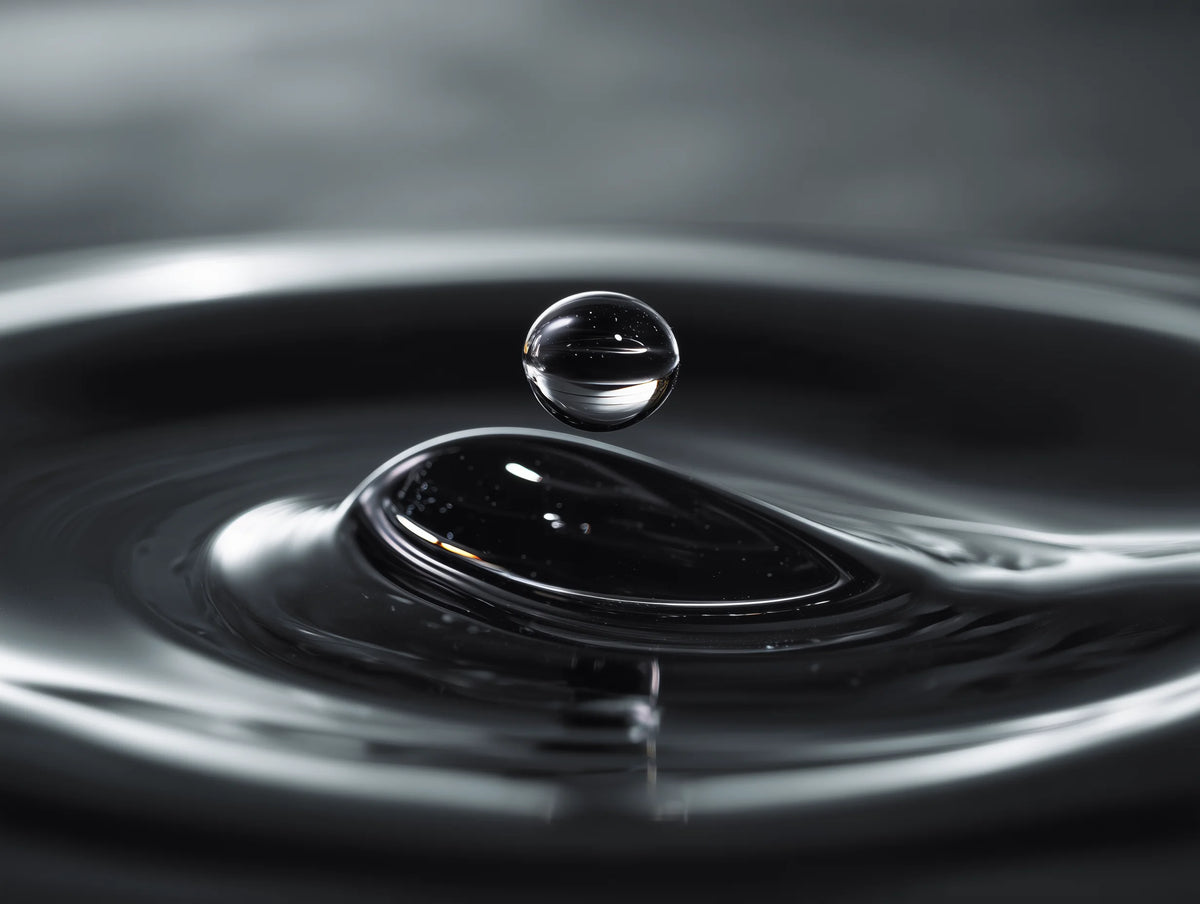 A clear droplet falling into a pool of black liquid, like ink settling in skin