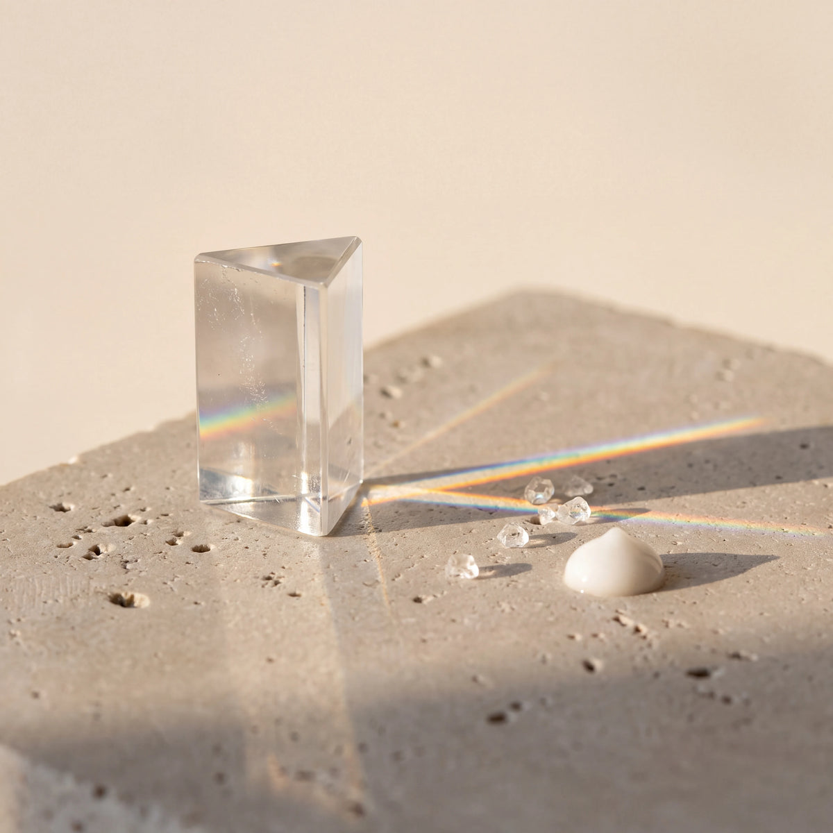 Ein Glasprisma bricht das Sonnenlicht neben Salzkristallen, für den Lichtschutz und das Ectoin in SHIELD
