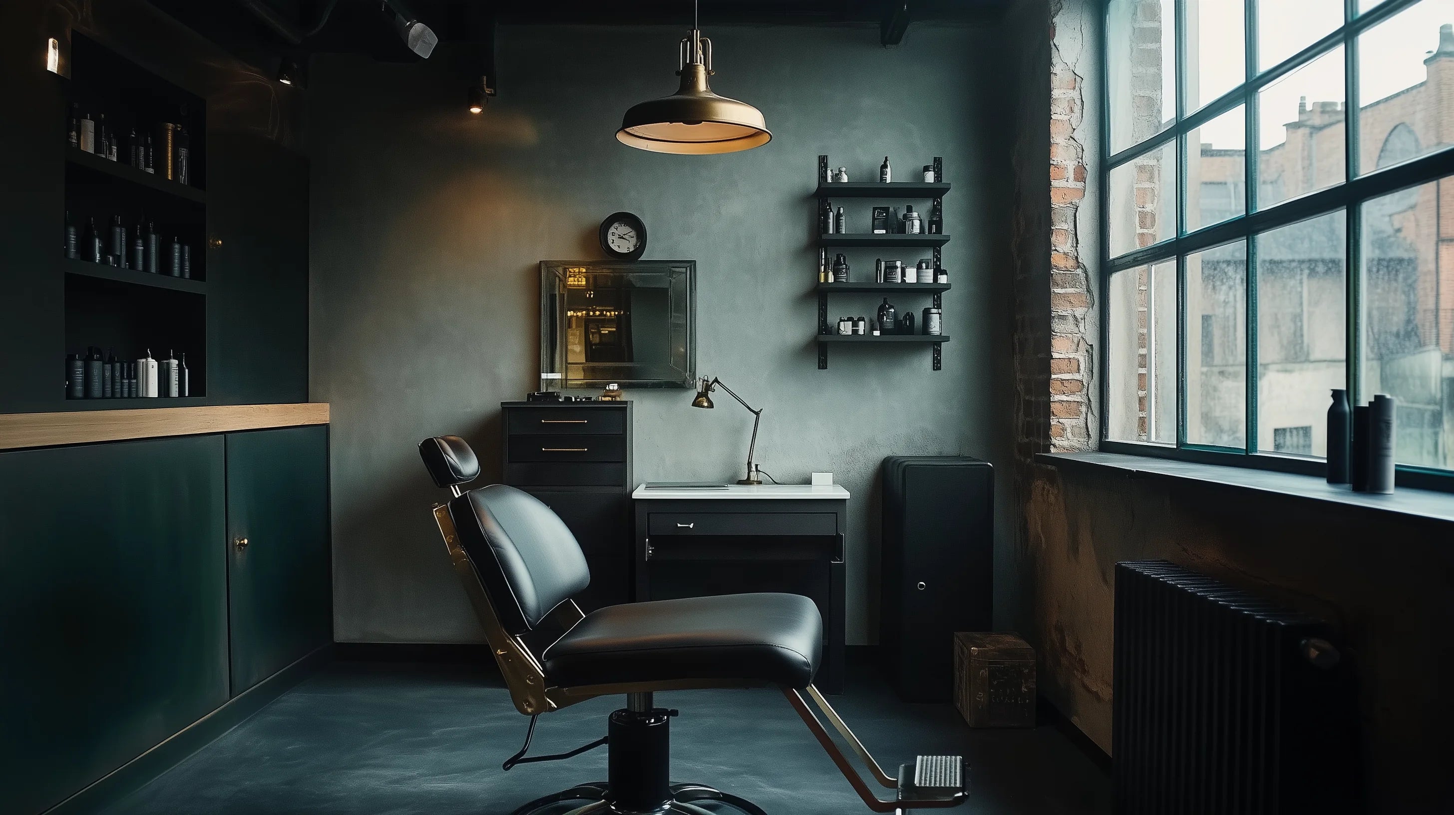 Contemporary tattoo studio interior with leather chair and brass pendant light, a SKINGRAPHICA Studio Partner