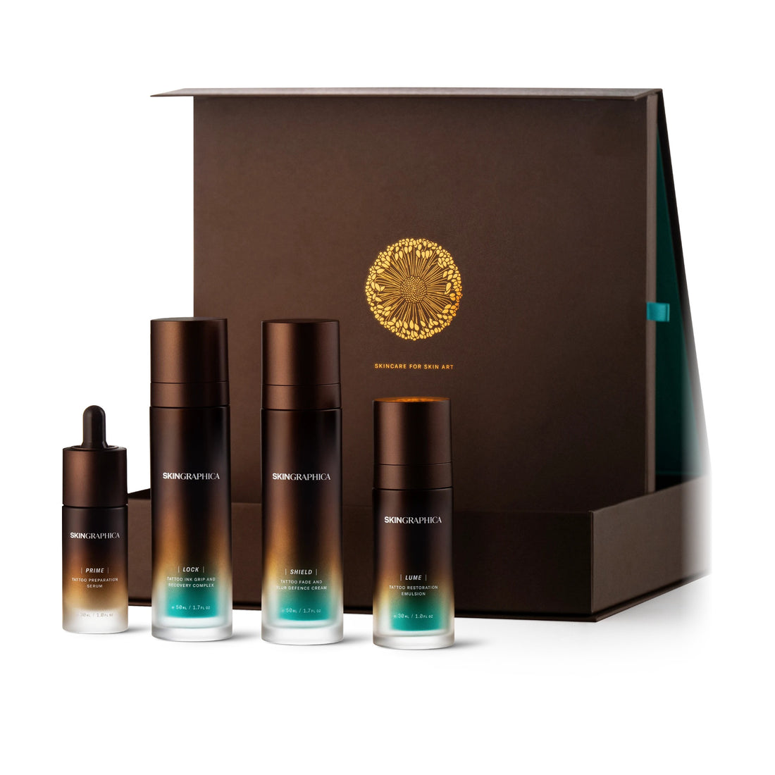 SKINGRAPHICA SYSTEM LUX complete tattoo care set with PRIME, LOCK, SHIELD and LUME in the collector’s box