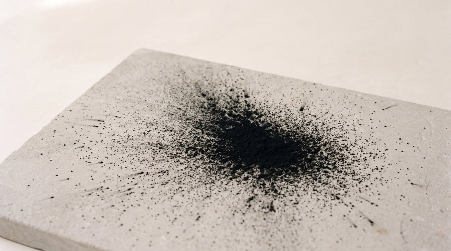 A cloud of black pigment powder spreading across pale limestone, how tattoo ink travels to the lymph nodes
