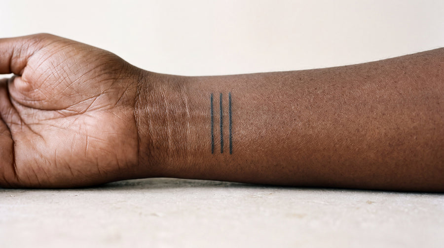 A minimalist fine line tattoo on the wrist of deep brown skin, tattooing on darker skin tones